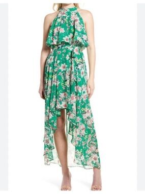 Eliza J Green Floral High-Low Halter Maxi Dress